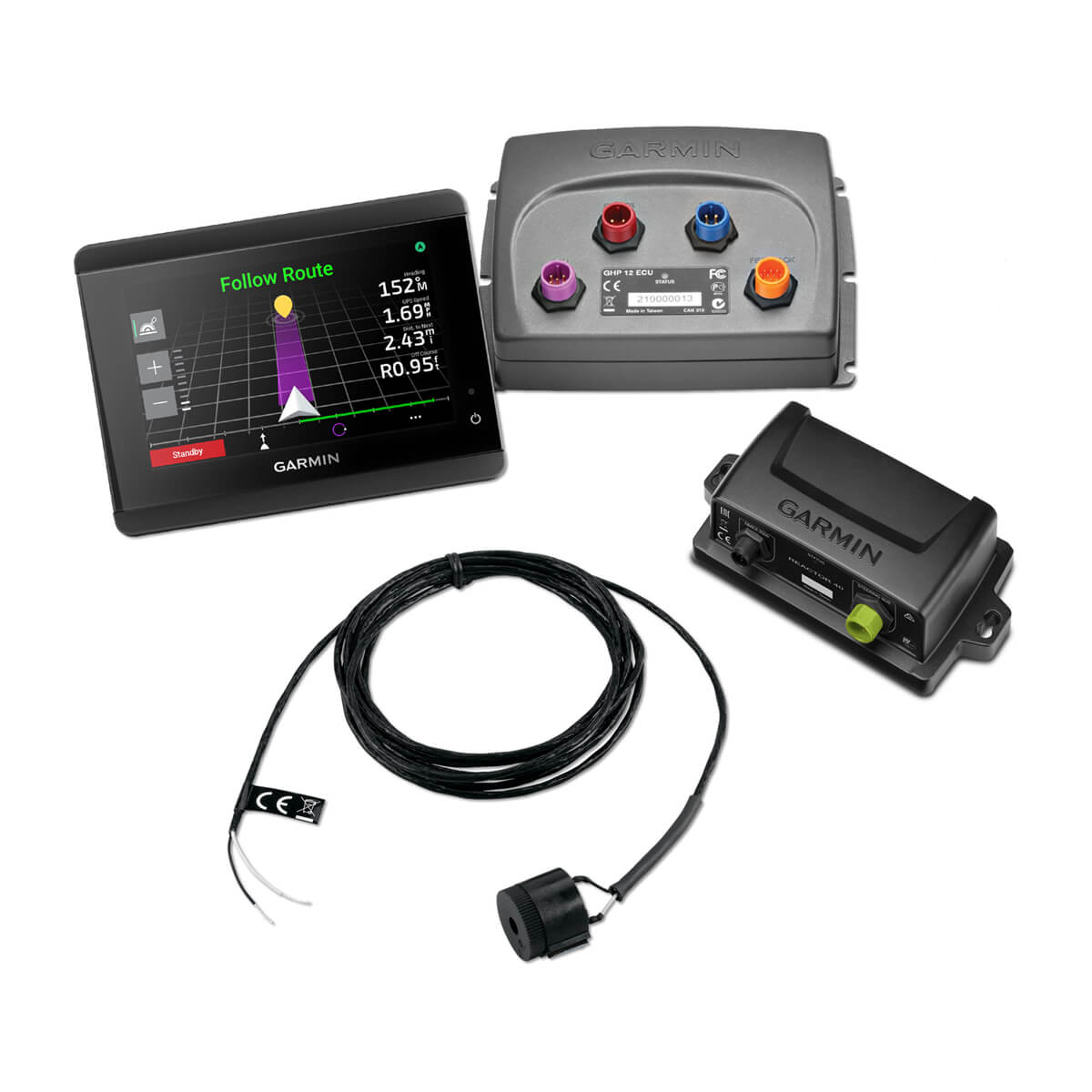 Garmin GPS device with screen, control panel, and cable