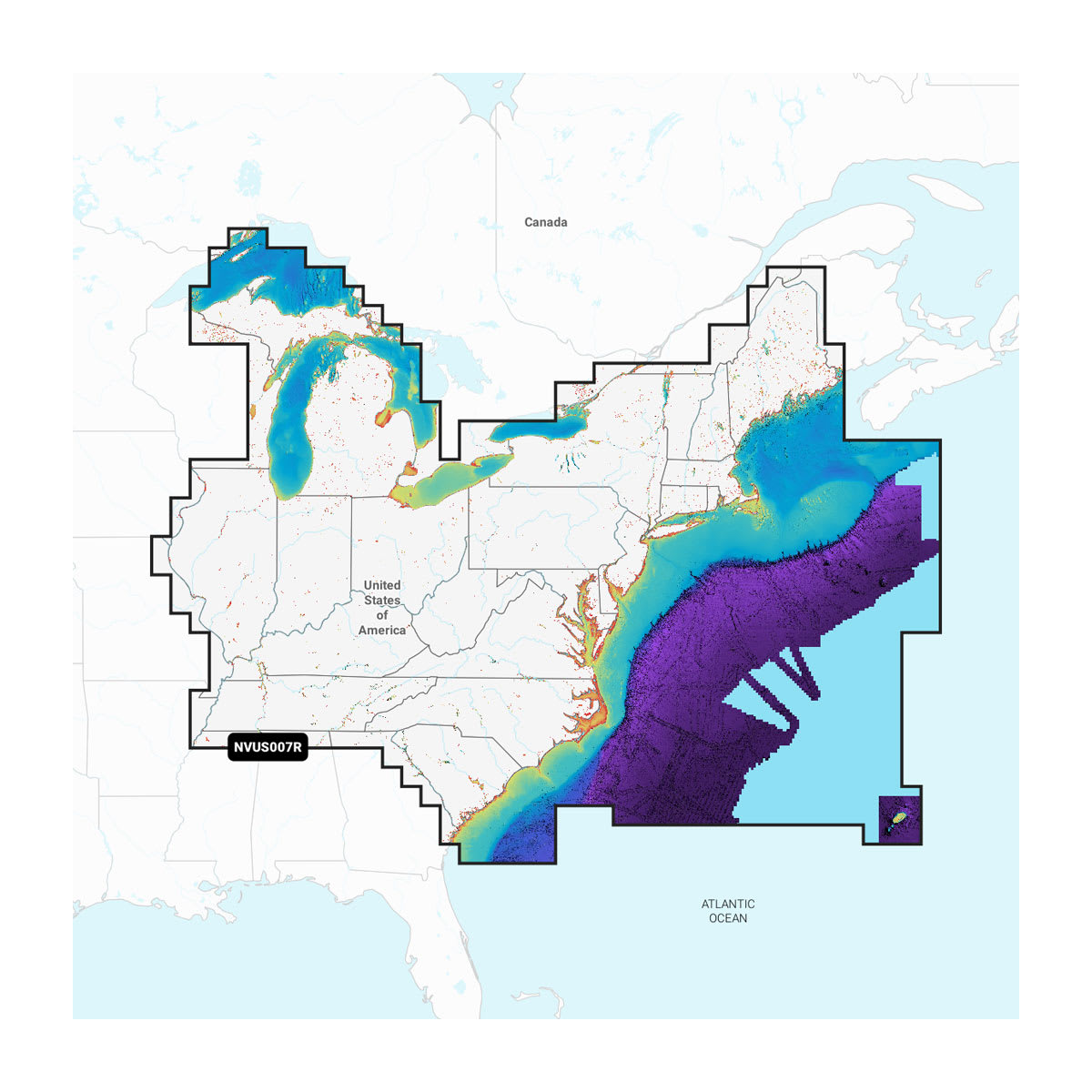 Map of the United States with color-coded regions, likely representing water depth or another geographical feature.