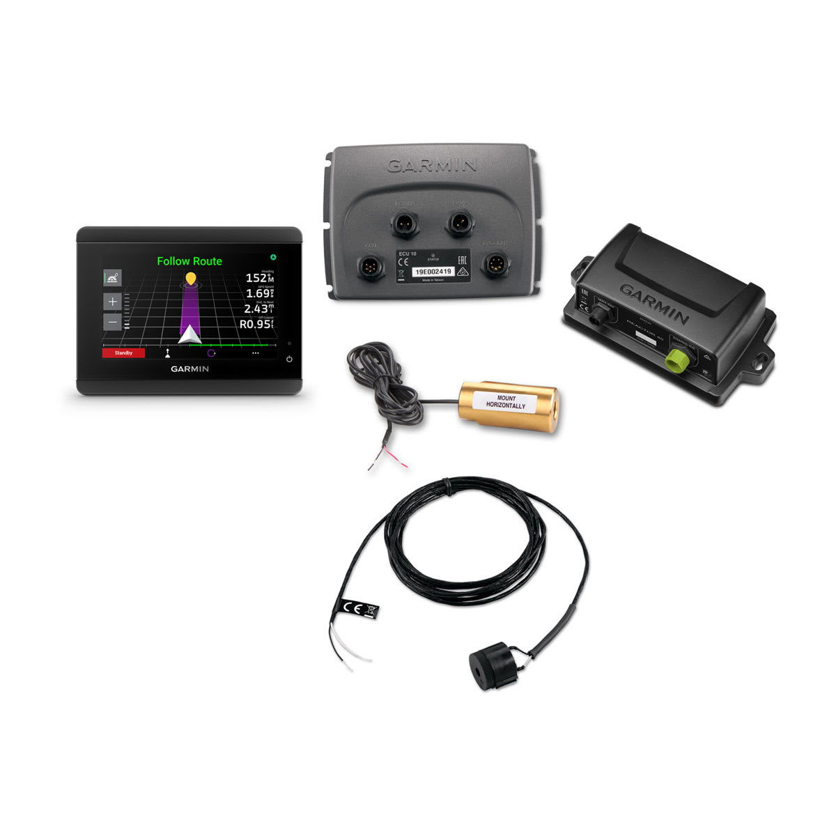 Garmin GPS device with screen, antenna, and power supply