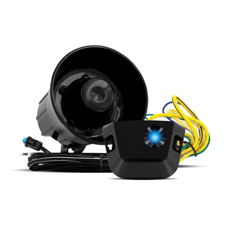 Car camera system with black casing and yellow wiring on a white background