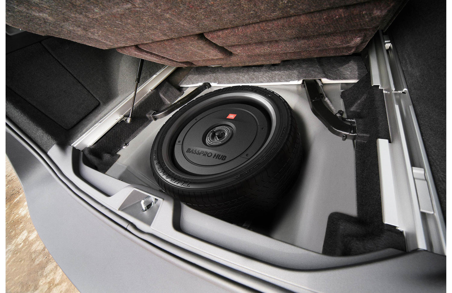 JBL BassPro Hub 11 inch Powered Subwoofer Mounts to Hub of Spare Tire