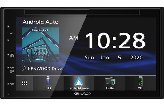 A Kenwood DDX5707S DVD receiver with a touchscreen display showing the interface with Android Auto feature visible