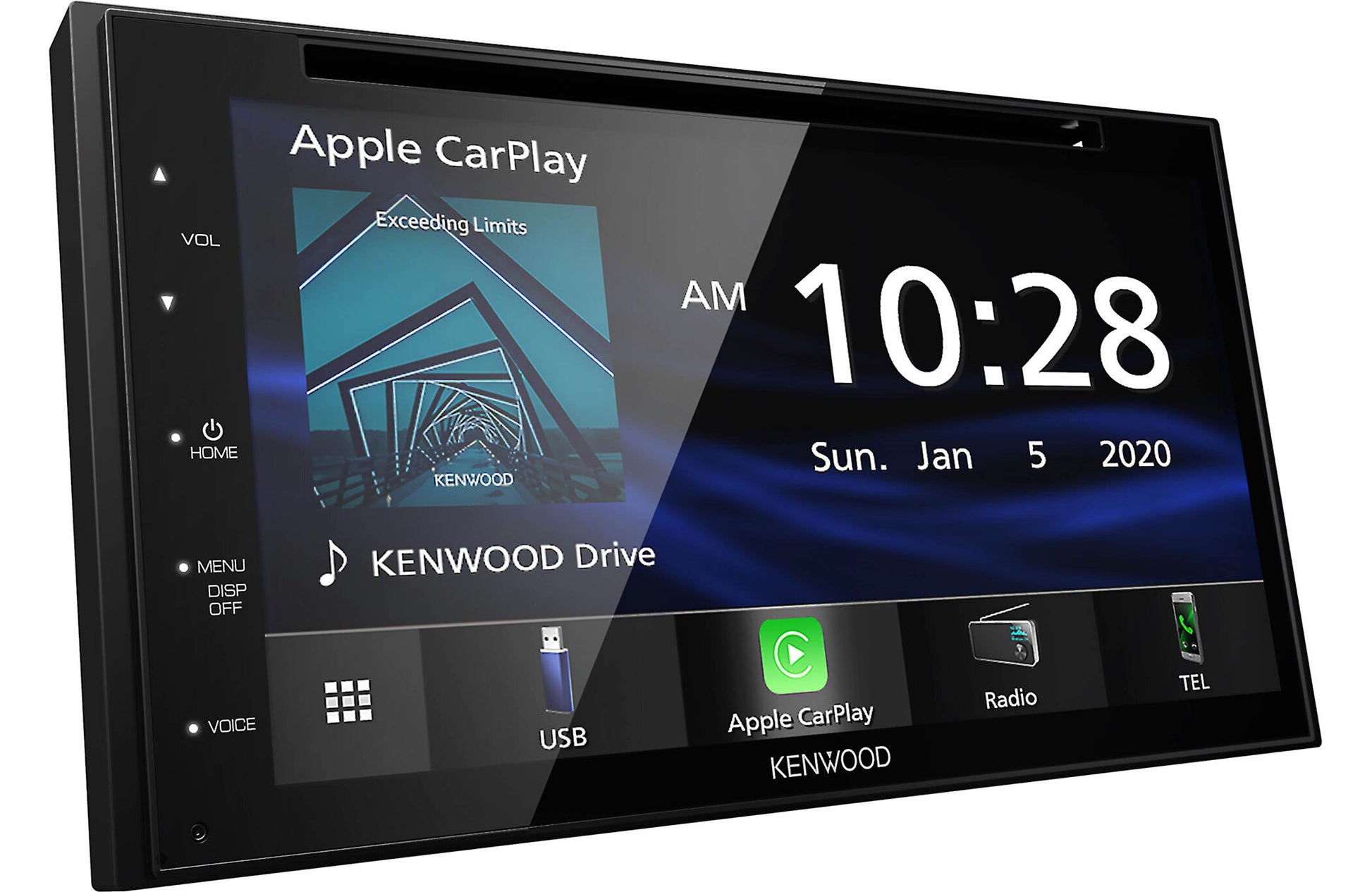 Car stereo system with Apple CarPlay interface displaying