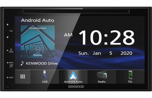 A Kenwood DDX57S DVD receiver with a touchscreen display showing the interface with Android Auto and Apple CarPlay features visible.