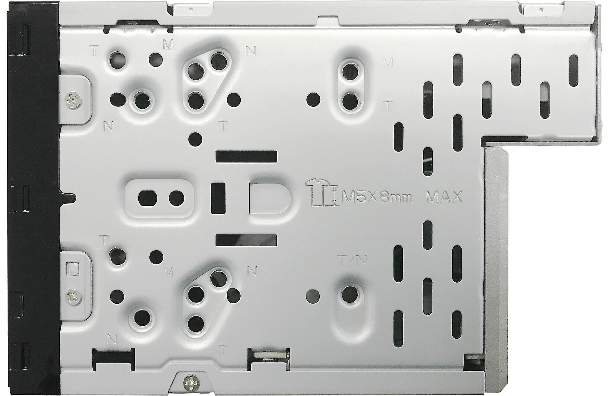 Close-up of a mechanical component with various holes and slots.