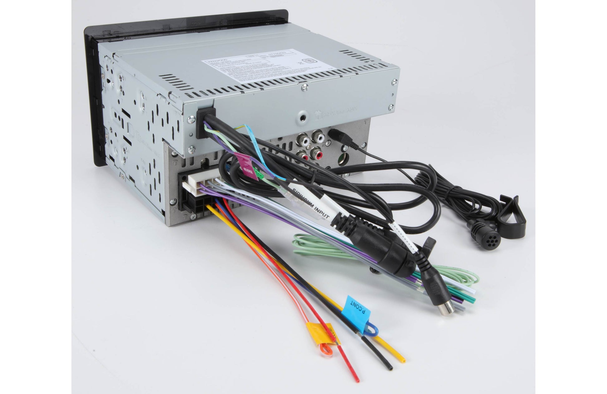 Car stereo system with wiring on a white background