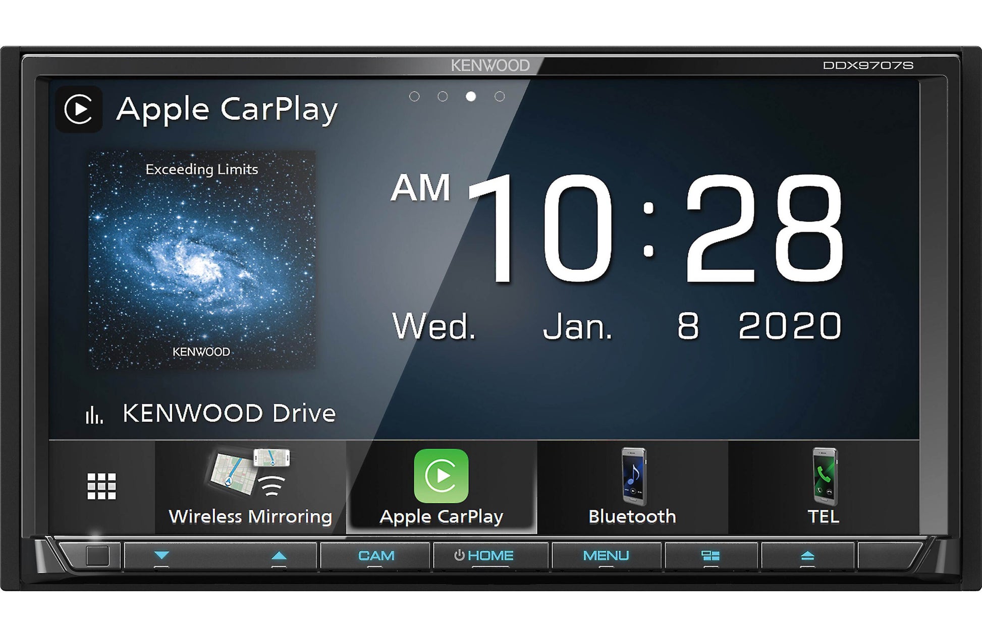 A Kenwood DDX9707S DVD receiver with a large touchscreen display showing the interface with Apple CarPlay and Bluetooth connectivity options.