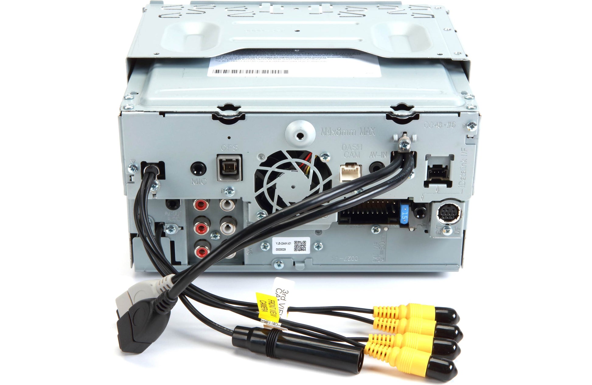Car stereo system with wiring on a white background