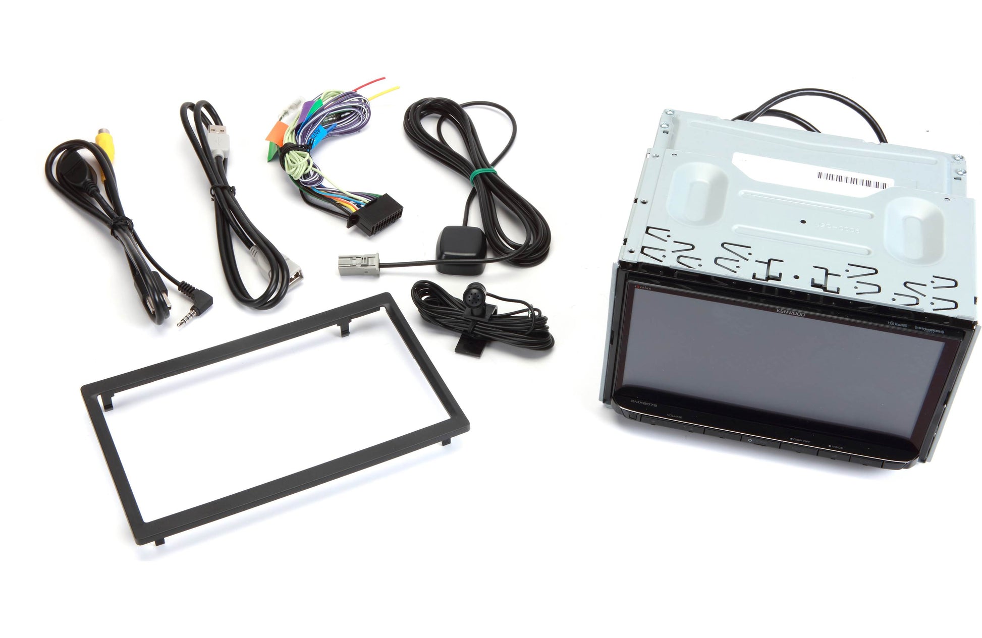 Car stereo installation kit with components on a white background