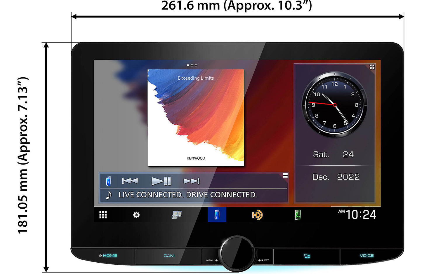 Display of a tablet with screen and physical buttons, showing dimensions on the sides.