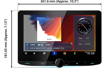 Display of a tablet with screen and physical buttons, showing dimensions on the sides.