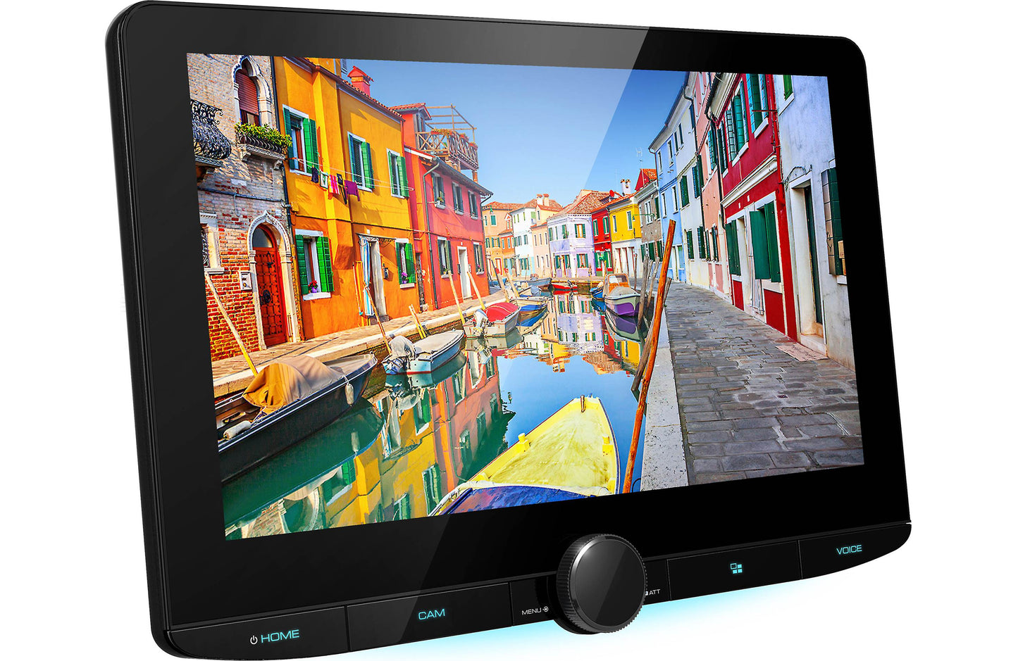 Digital photo frame displaying a colorful canal scene with buildings.