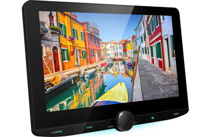 Digital photo frame displaying a colorful canal scene with buildings.