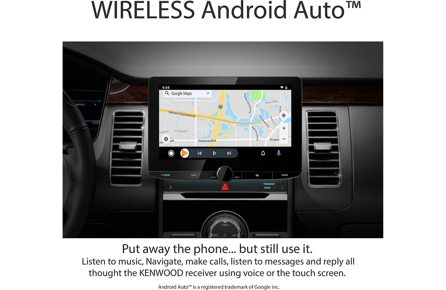 Car dashboard with Kenwood wireless Android Auto system displaying a map.