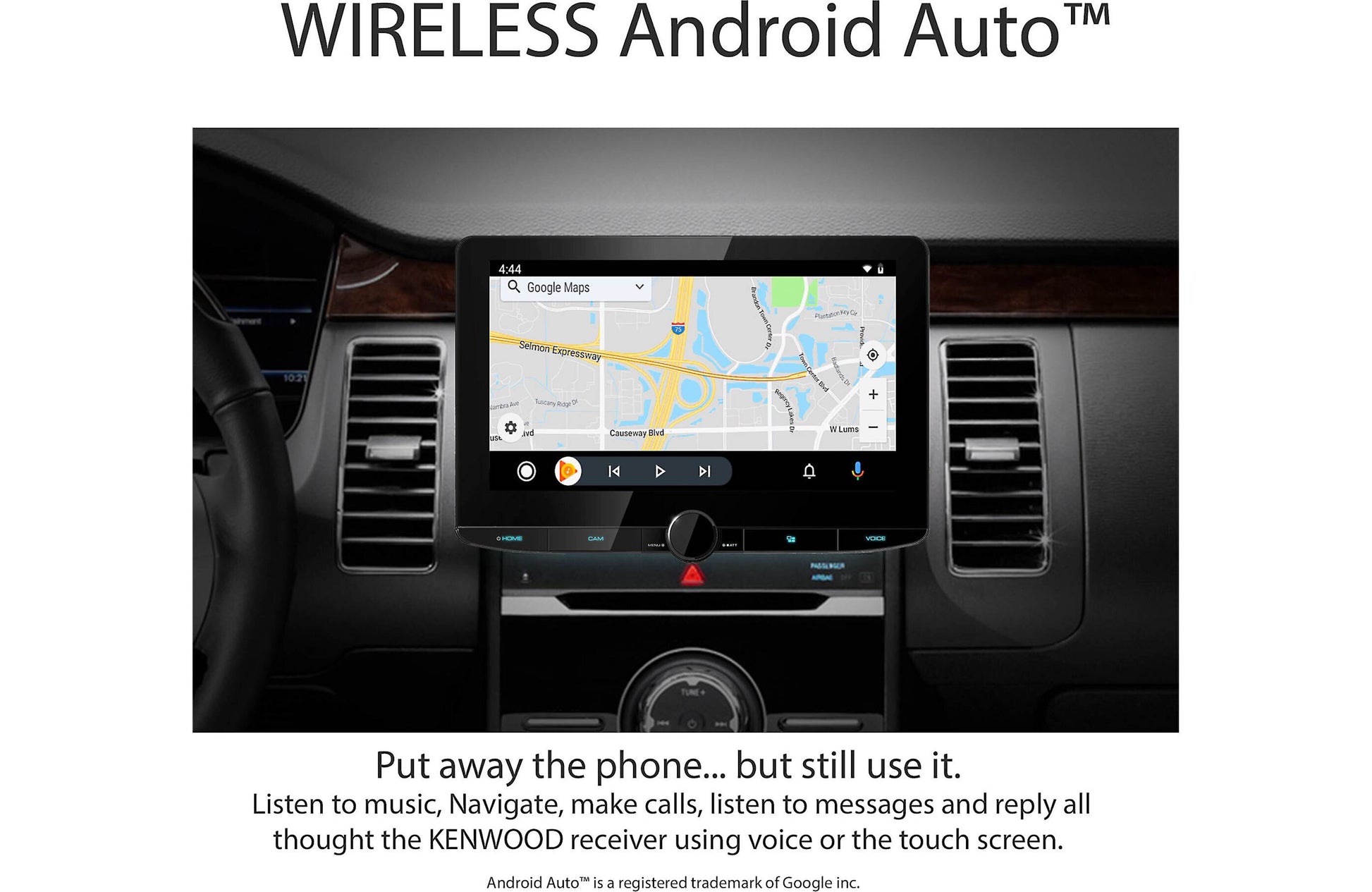 Car dashboard with Kenwood wireless Android Auto system displaying a map.