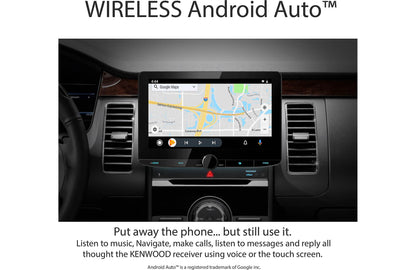 Car dashboard with Kenwood wireless Android Auto system displaying a map.