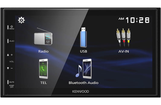 A Kenwood DMX129BT multimedia receiver with a touchscreen display featuring icons for radio, USB, and Bluetooth audio. It also shows inputs for TEL (telephone) and AV-IN (audio/video).