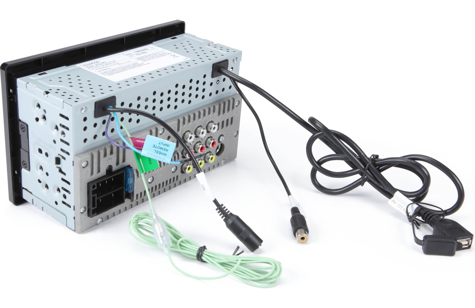 Car stereo system with connected cables on a white background
