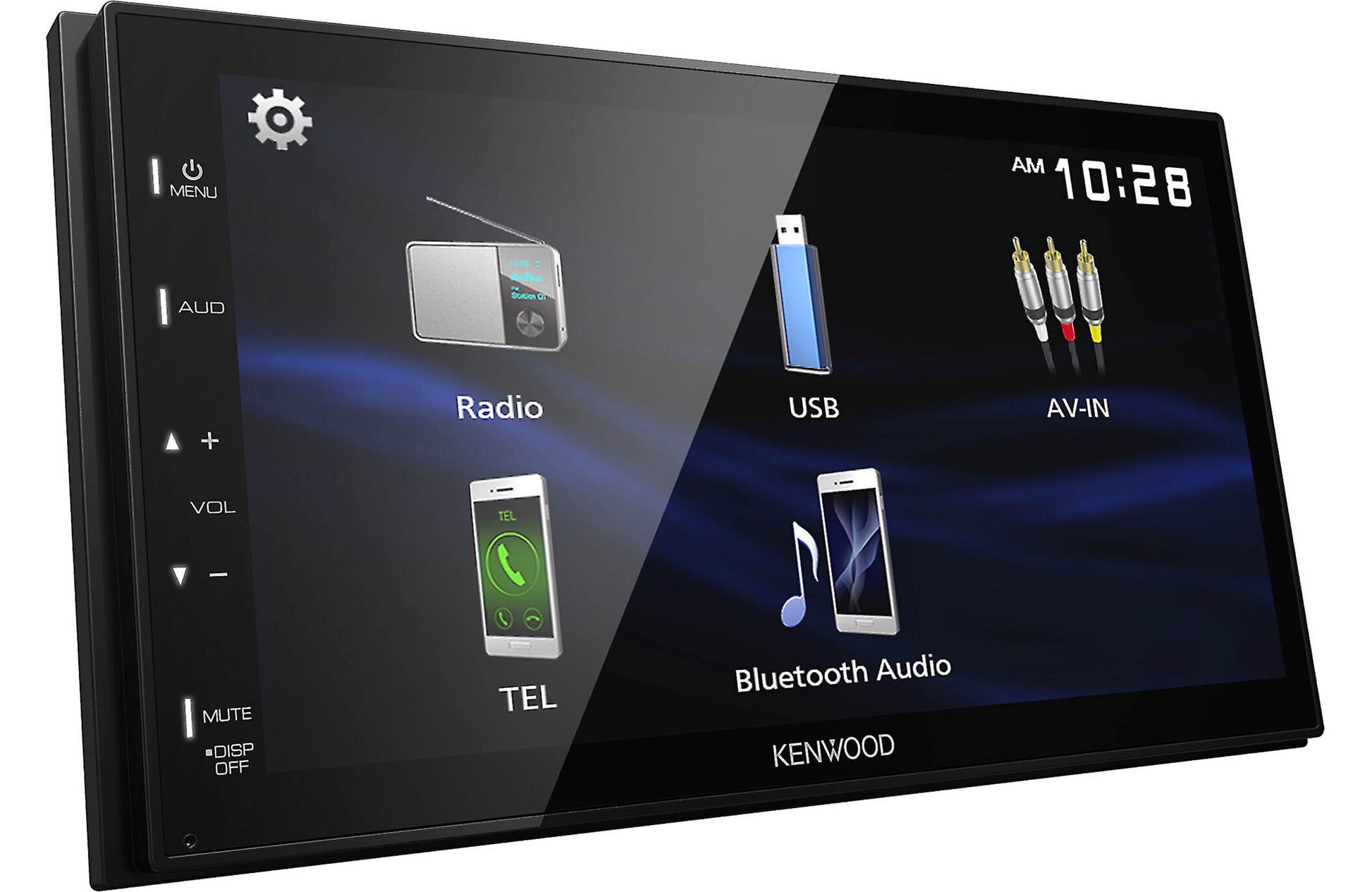 Car stereo system with touchscreen displaying various functions