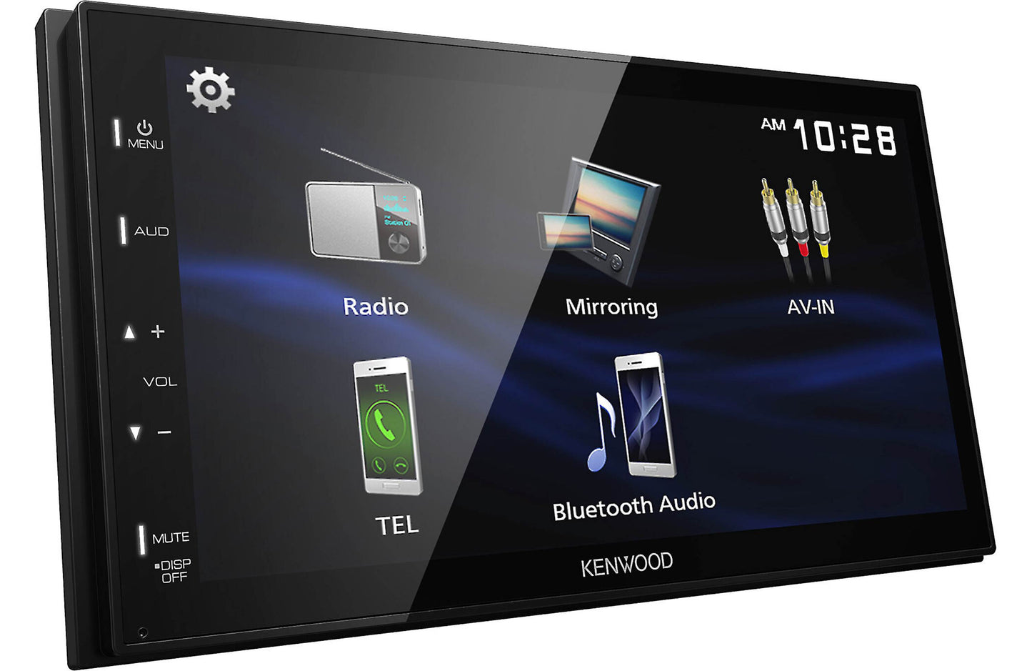 Car stereo system with touchscreen interface displaying various functions.