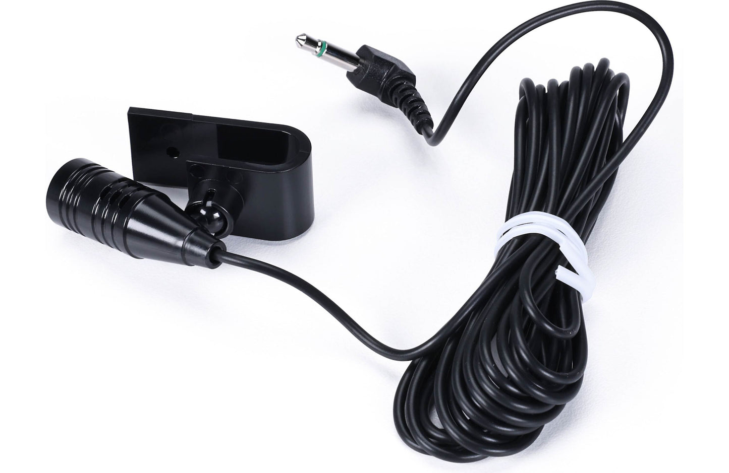 Black audio cable with plug and clip on white background