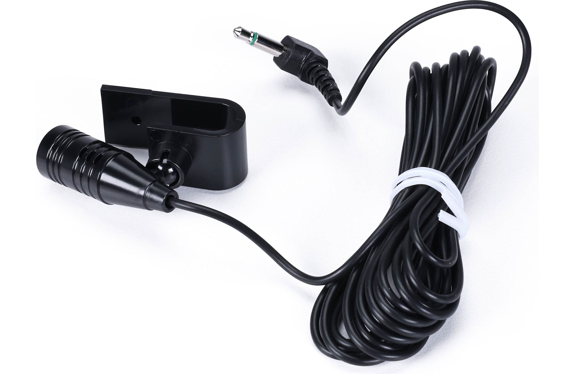 Black audio cable with plug and clip on white background