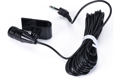 Black audio cable with plug and clip on white background
