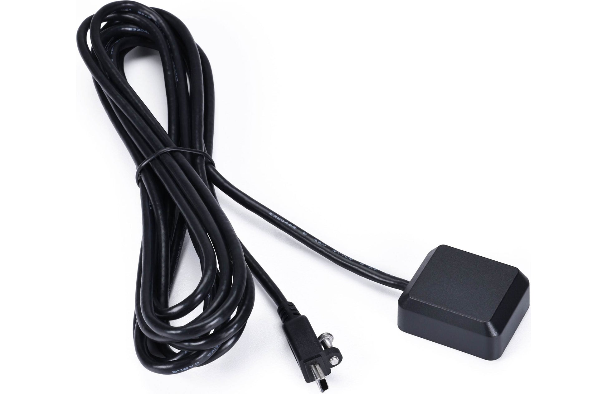 Black electronic device with cable on a white background