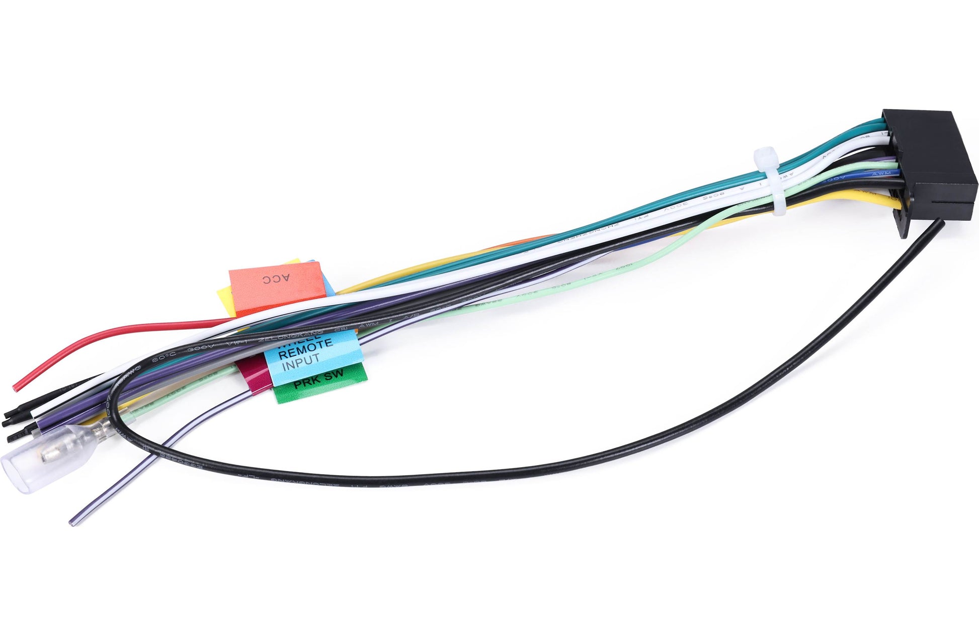 Wiring harness with colored wires and connectors on a white background
