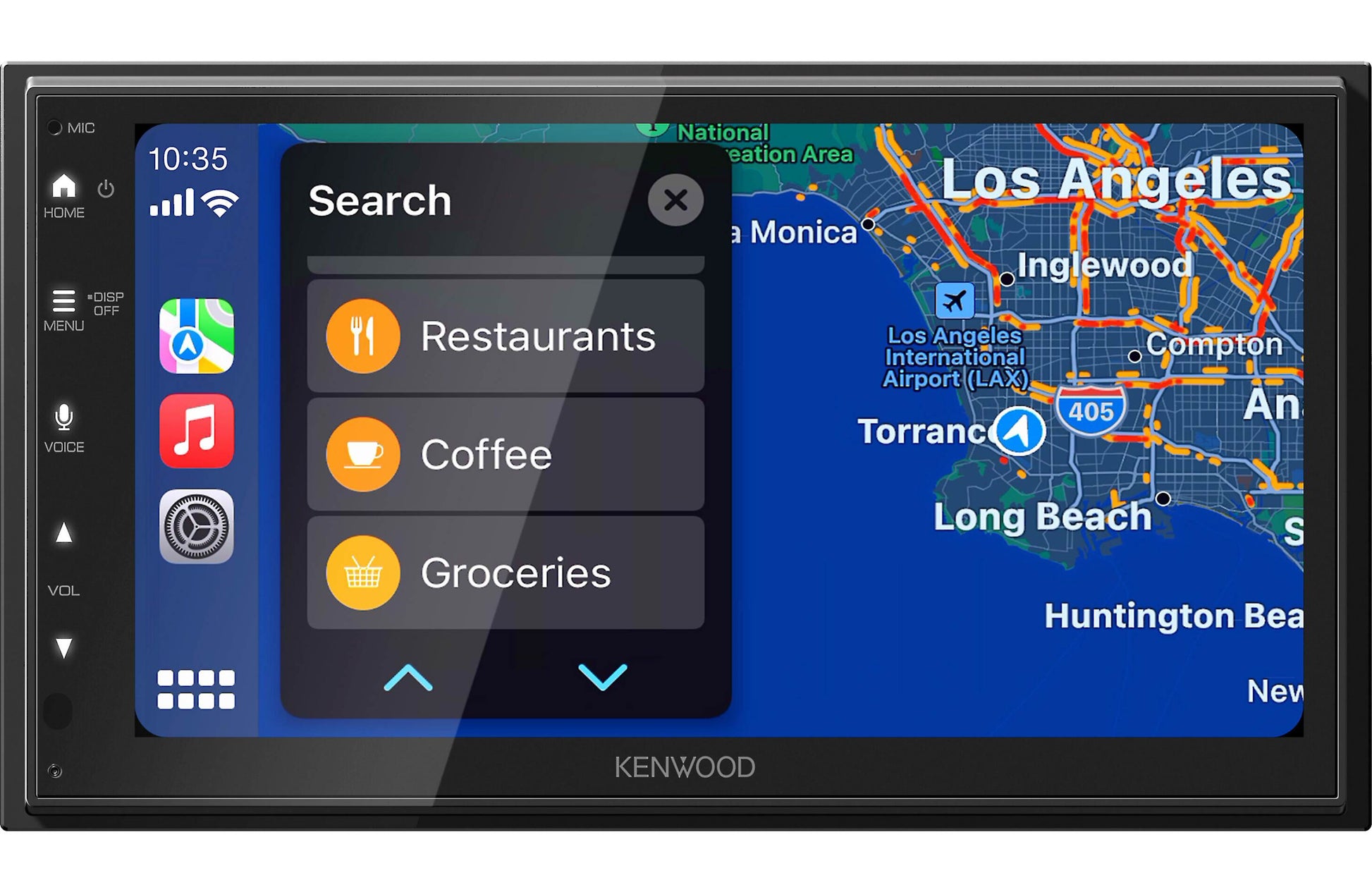 Car stereo system with navigation and search features displayed.