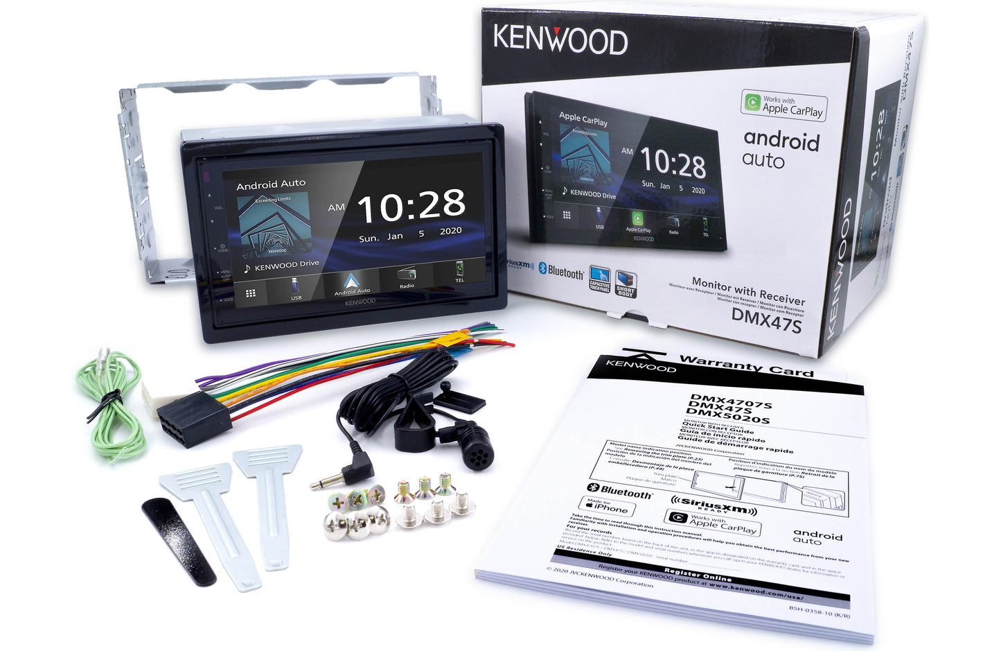 Car stereo system with packaging and accessories on a white background