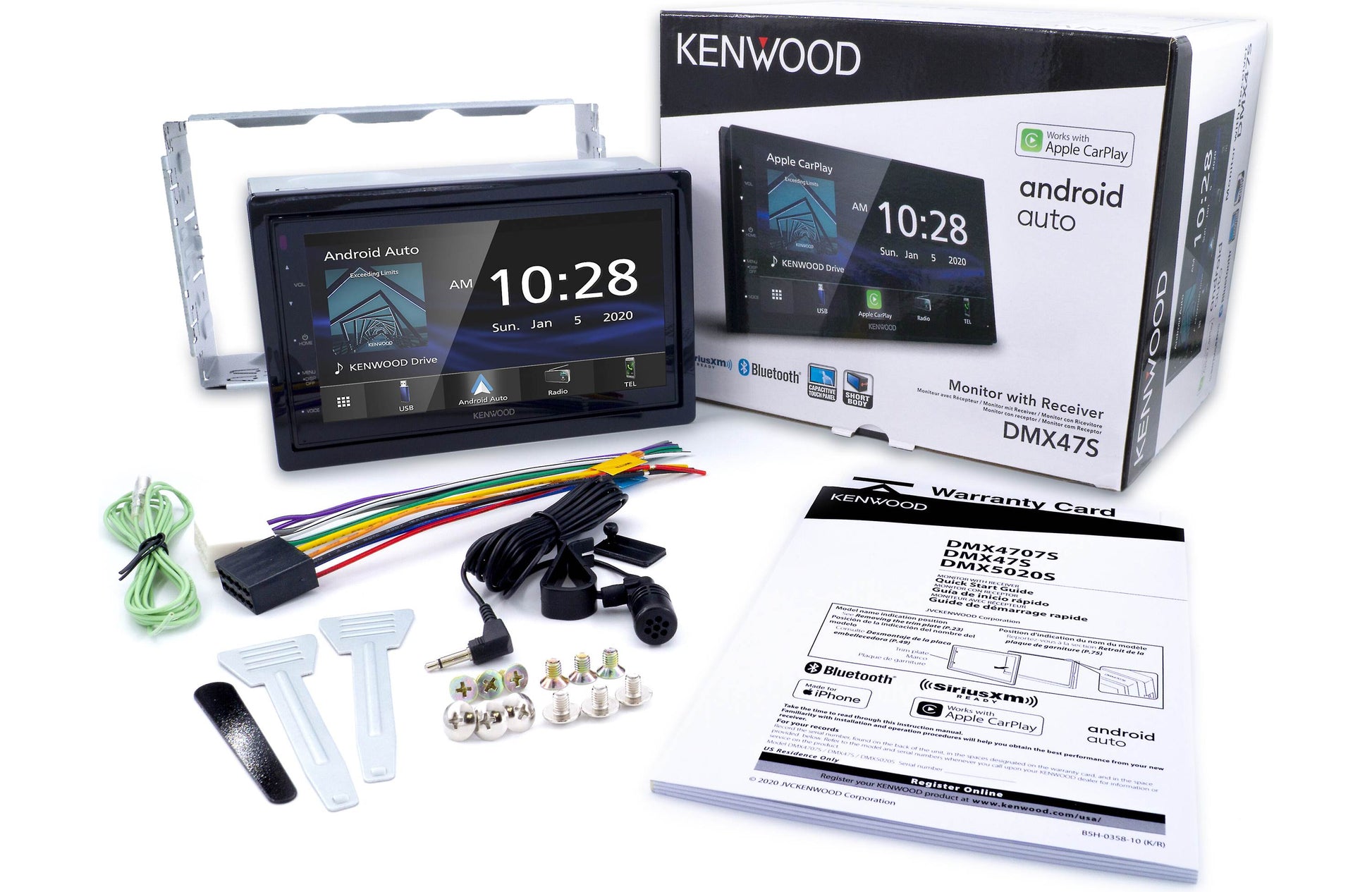 Car stereo system with packaging and accessories on a white background