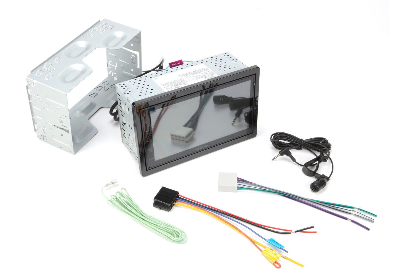 Car stereo system with components on a white background