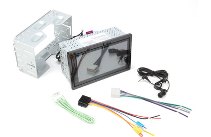 Car stereo system with components on a white background