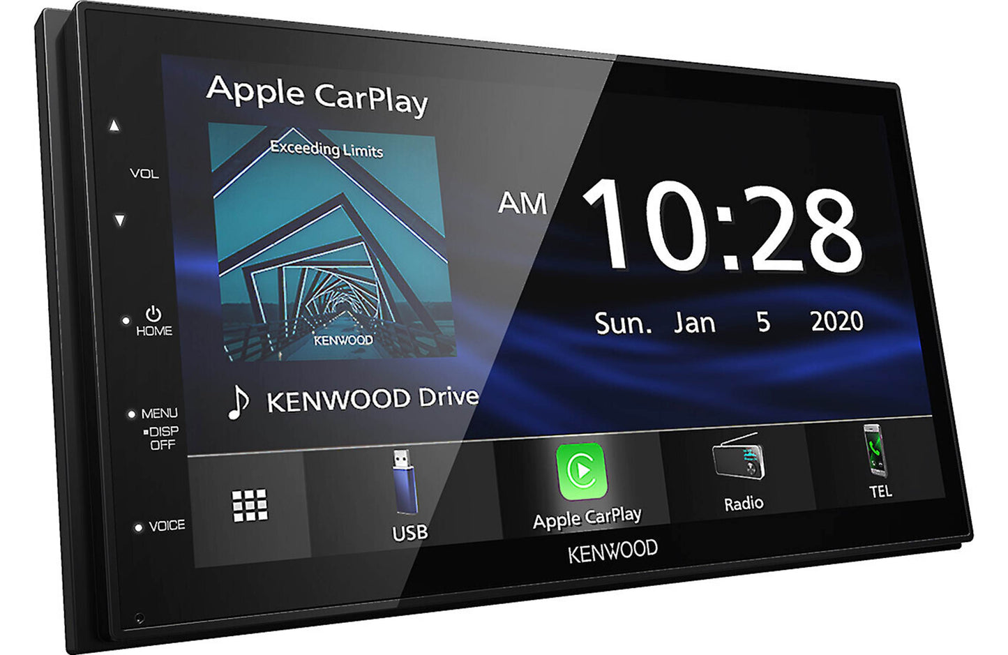 Kenwood car multimedia player display with Apple CarPlay interface