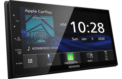 Kenwood car multimedia player display with Apple CarPlay interface