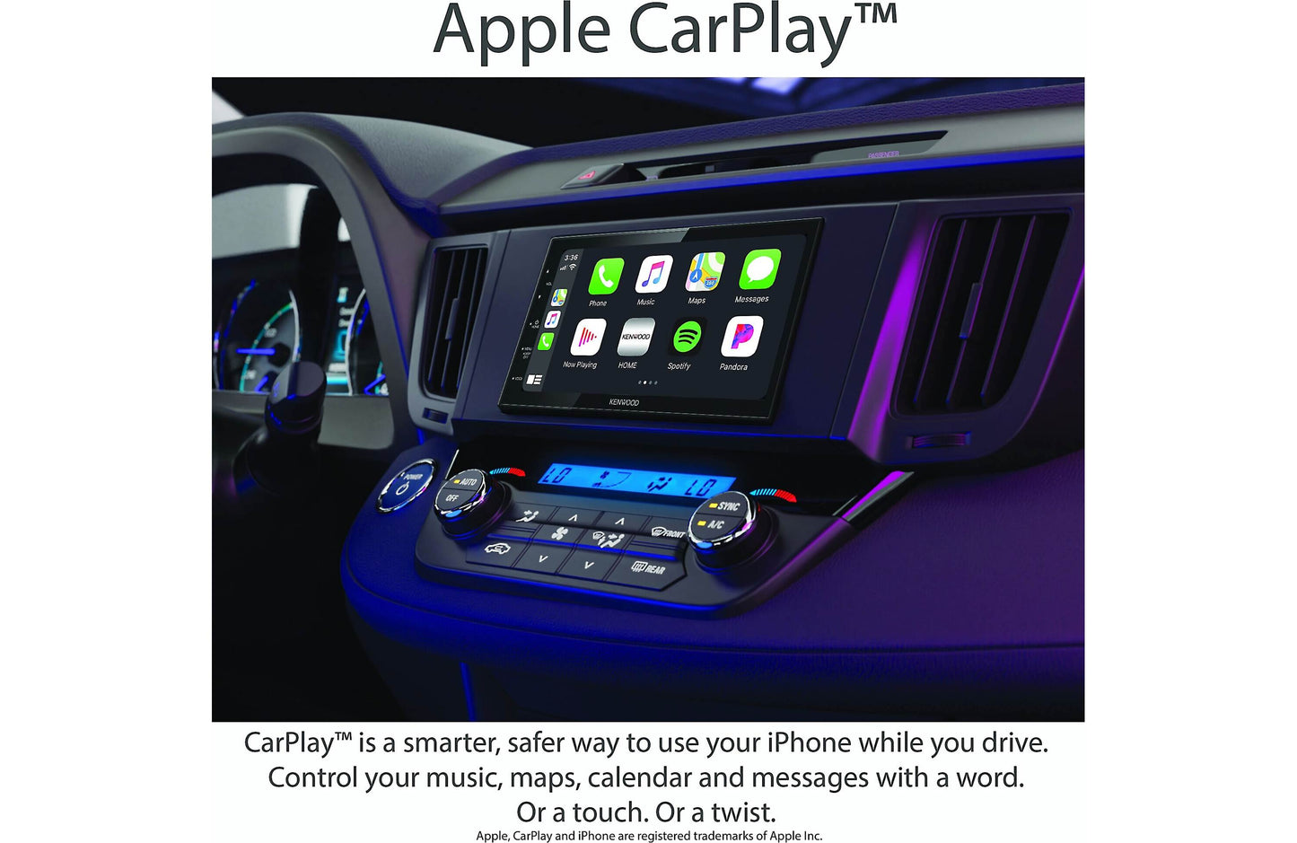 Car dashboard with Apple CarPlay interface displaying music and navigation apps.