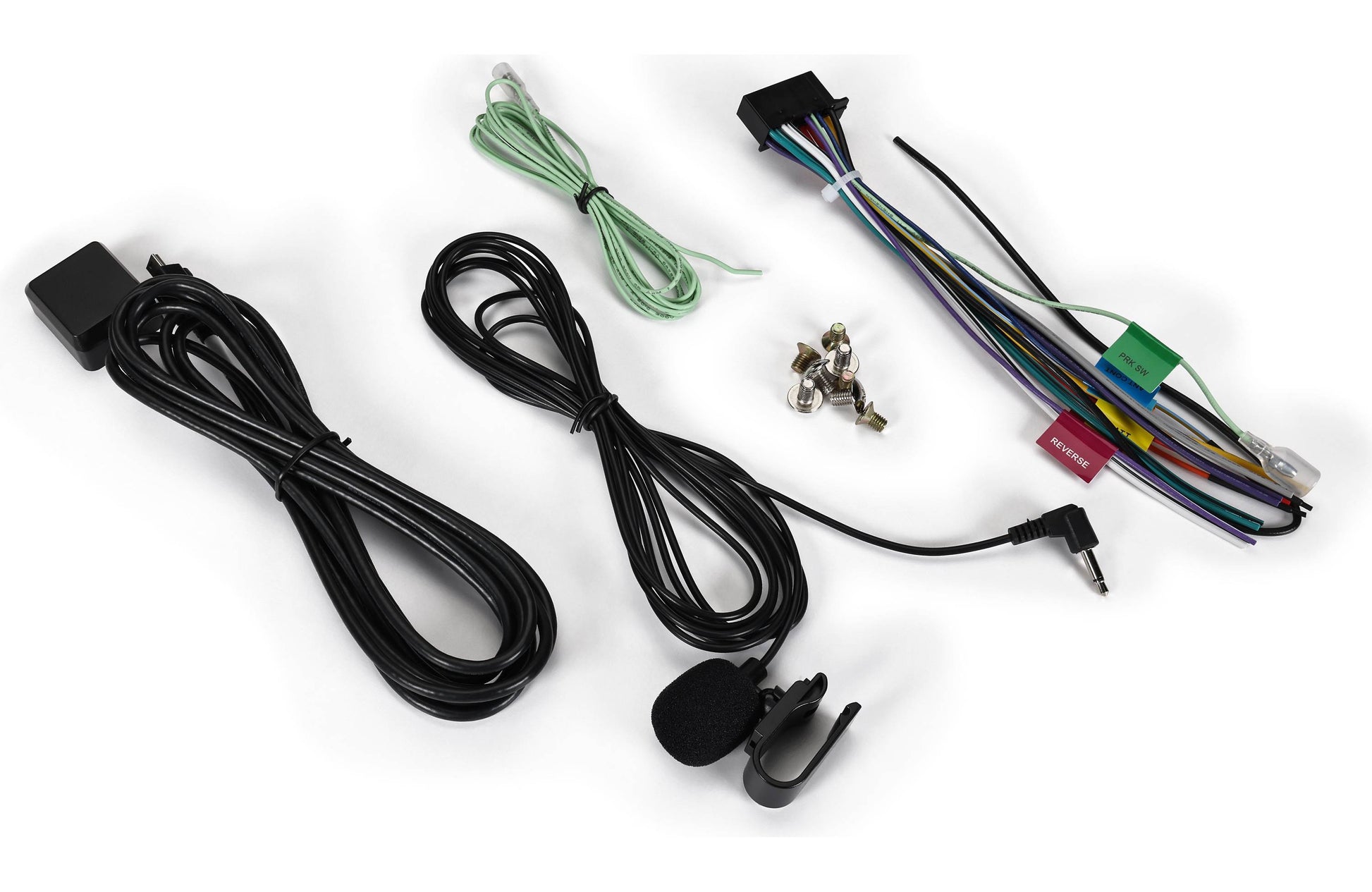 Set of car audio wiring harnesses and accessories