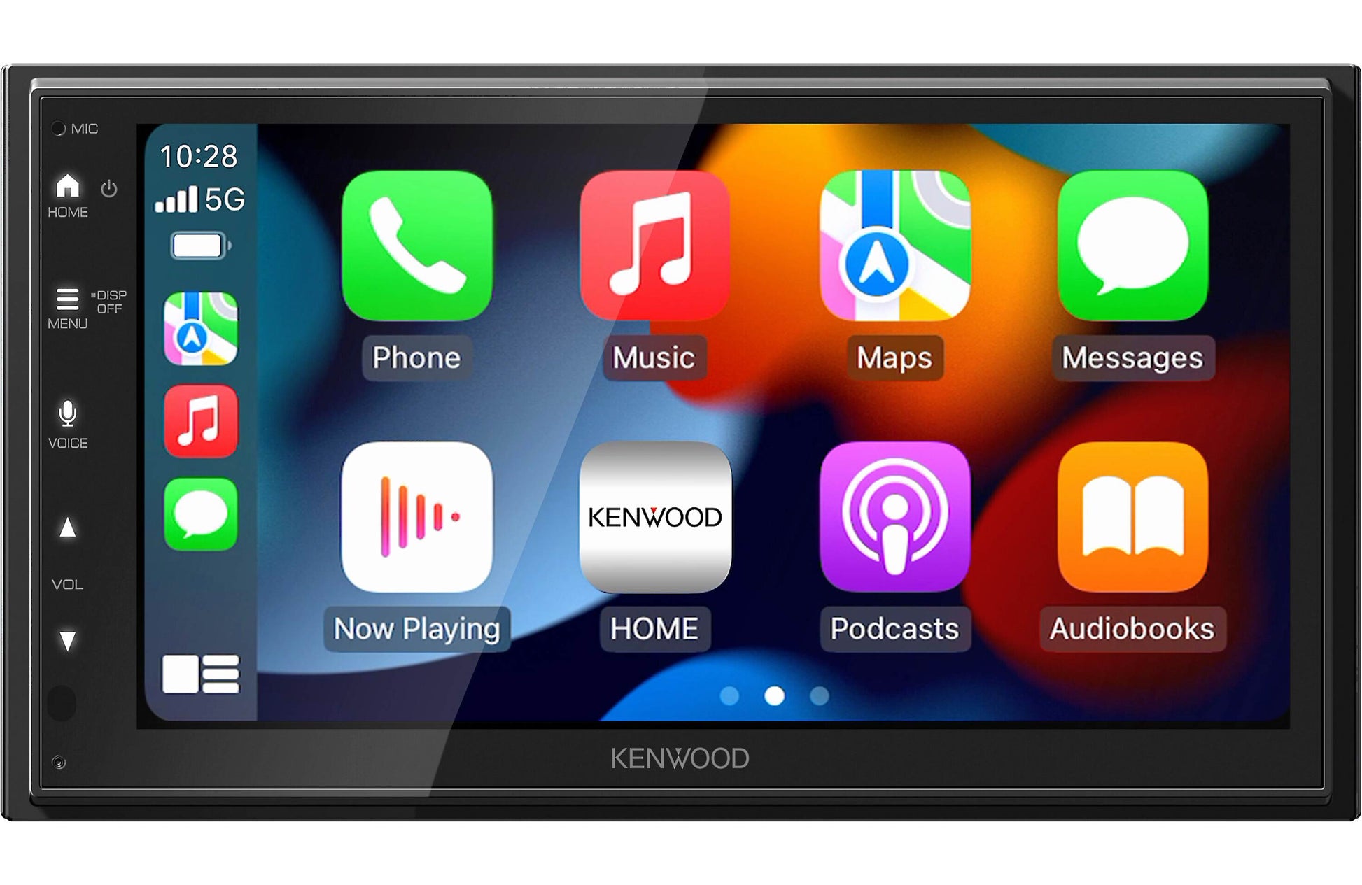 Car stereo system with touchscreen displaying various app icons.