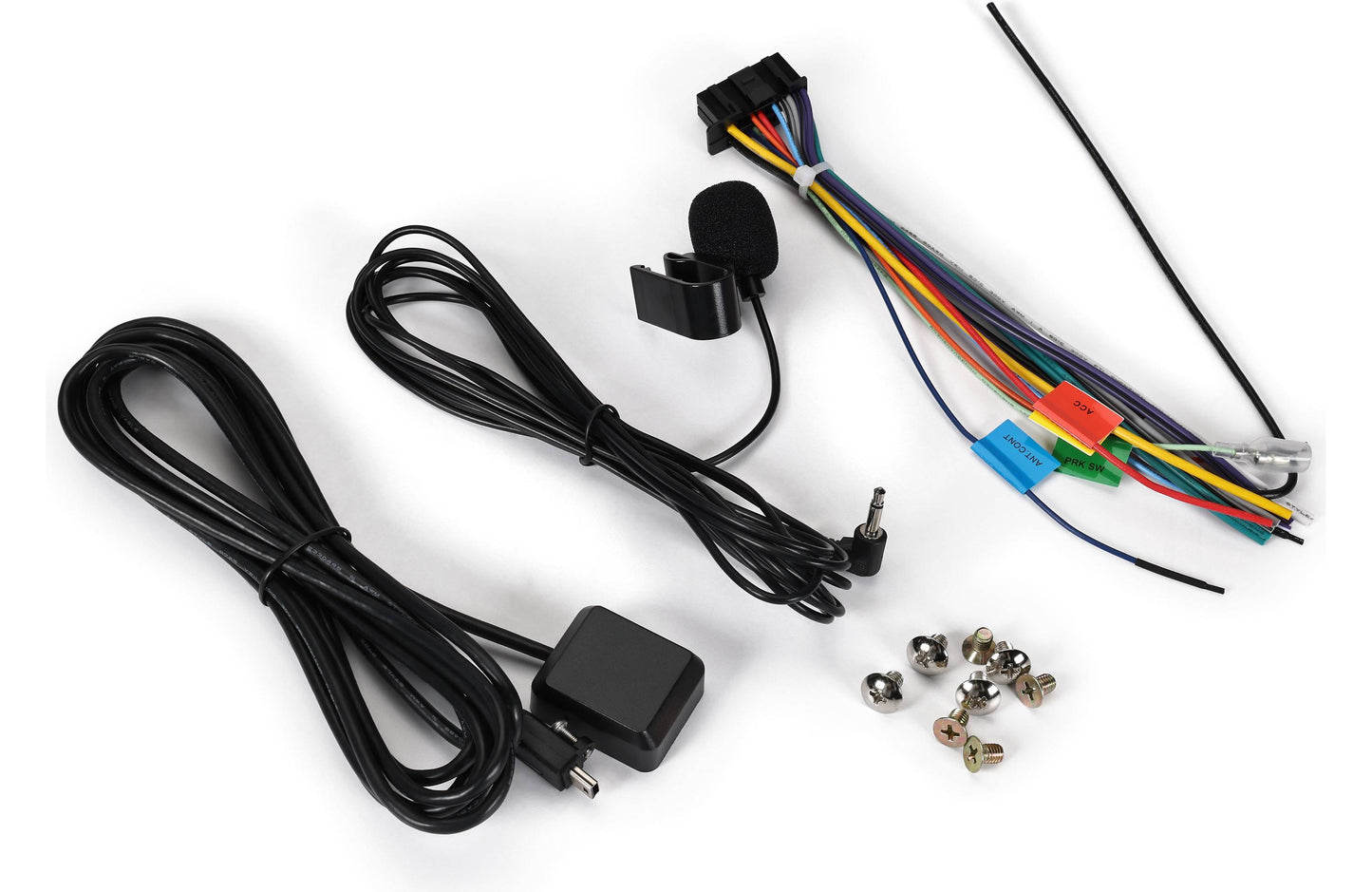 Car stereo installation kit with wiring, connectors, and mounting hardware