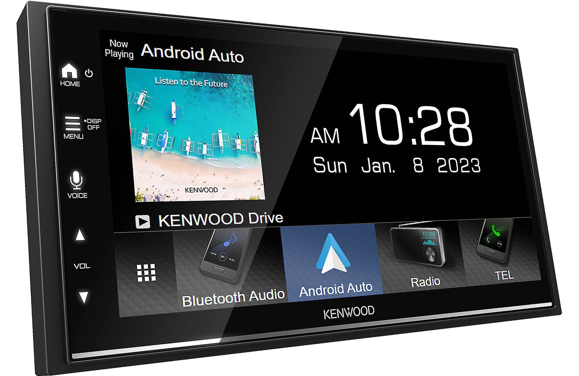 Car stereo system with touchscreen displaying Android Auto and clock.