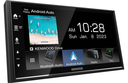 Car stereo system with touchscreen displaying Android Auto and clock.