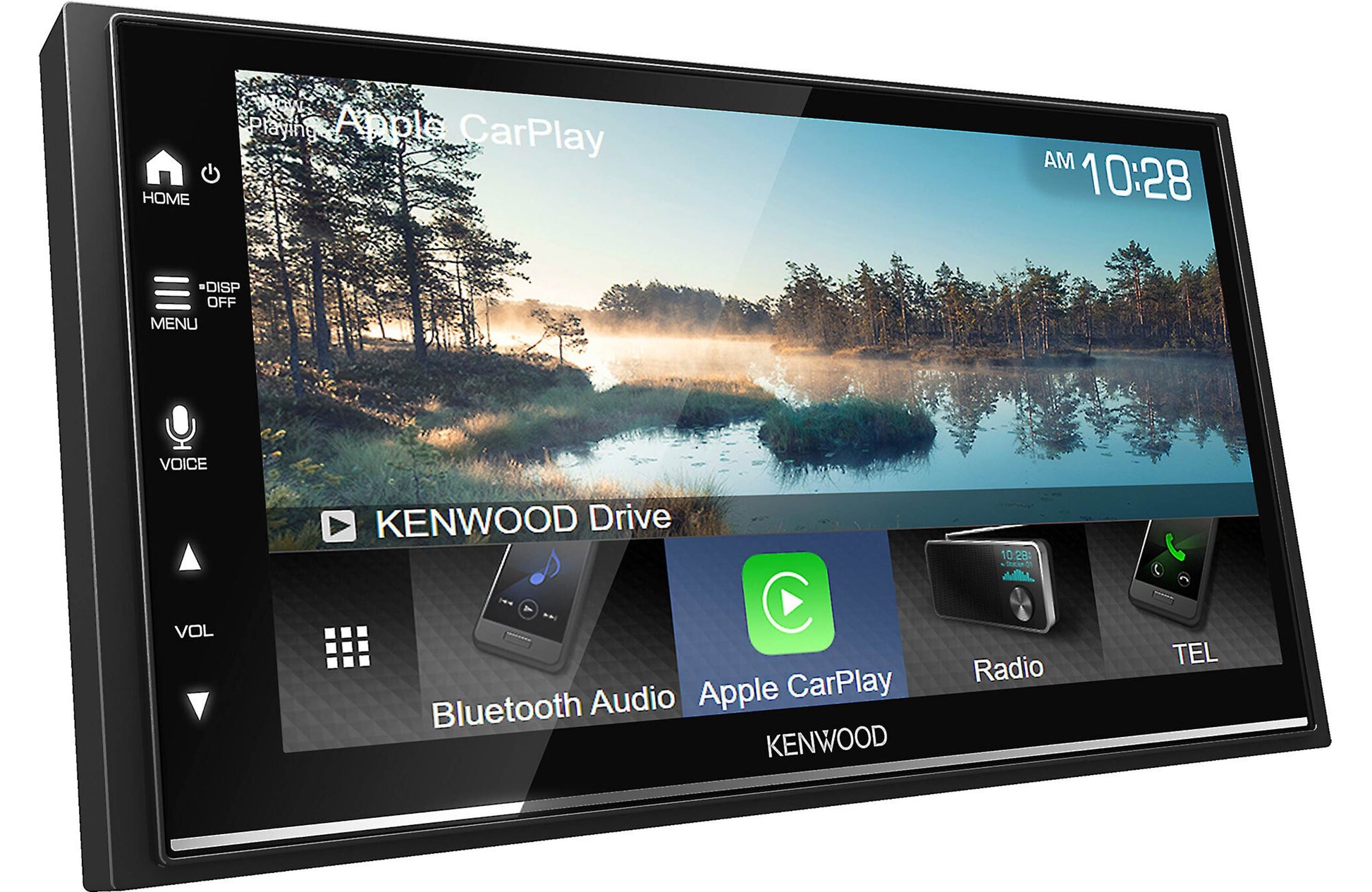 Car stereo system with touchscreen displaying Apple CarPlay interface.