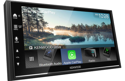 Car stereo system with touchscreen displaying Apple CarPlay interface.