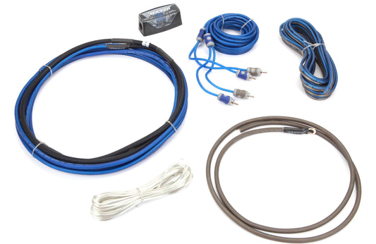 A set of Kicker 8AWG 2-Channel Amp Kit which includes black and blue wires, fuses, and mounting hardware for car audio installation.