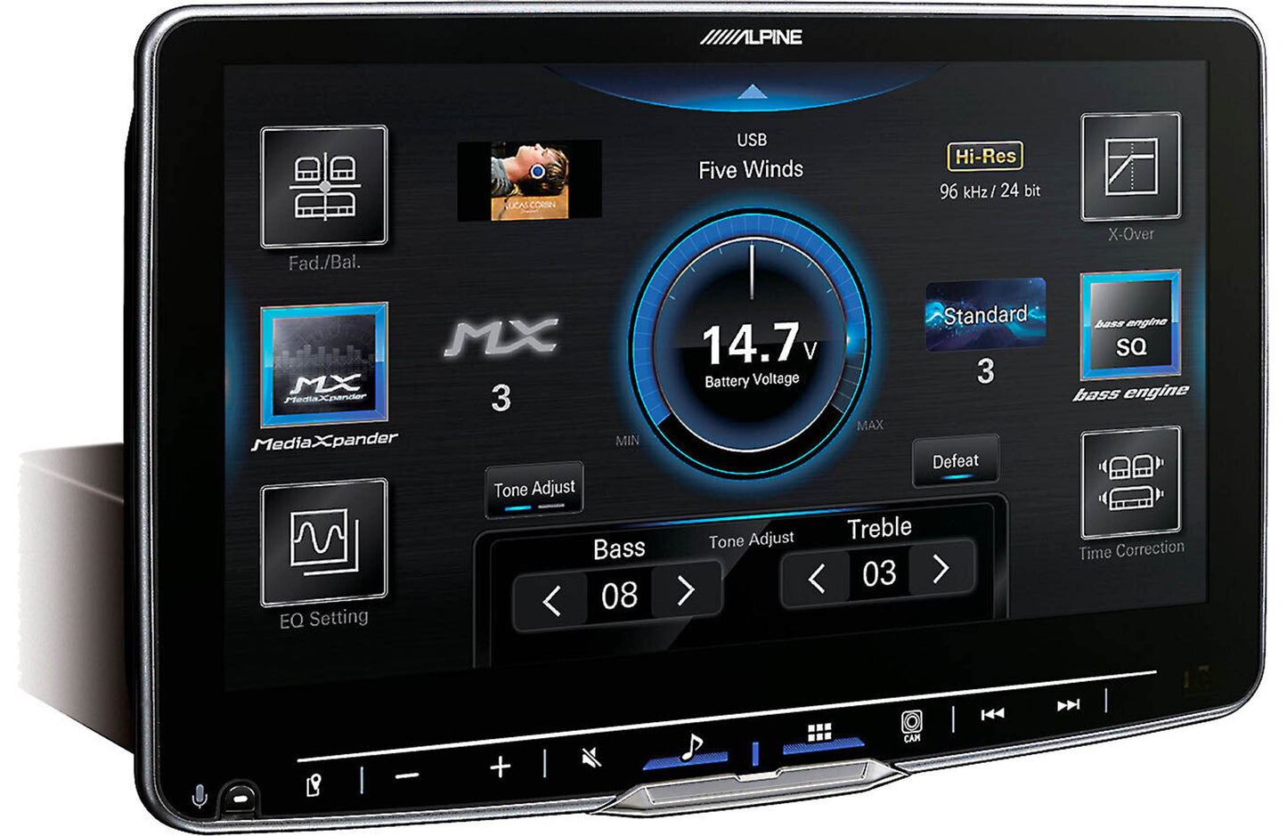 Car stereo system with touchscreen display and various controls on a white background