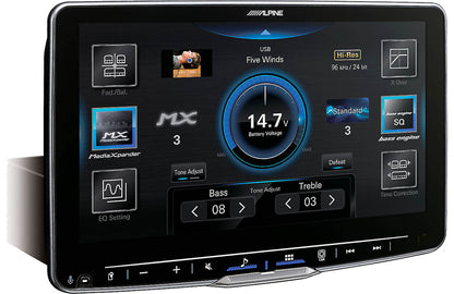 Car stereo system with touchscreen display and various controls on a white background