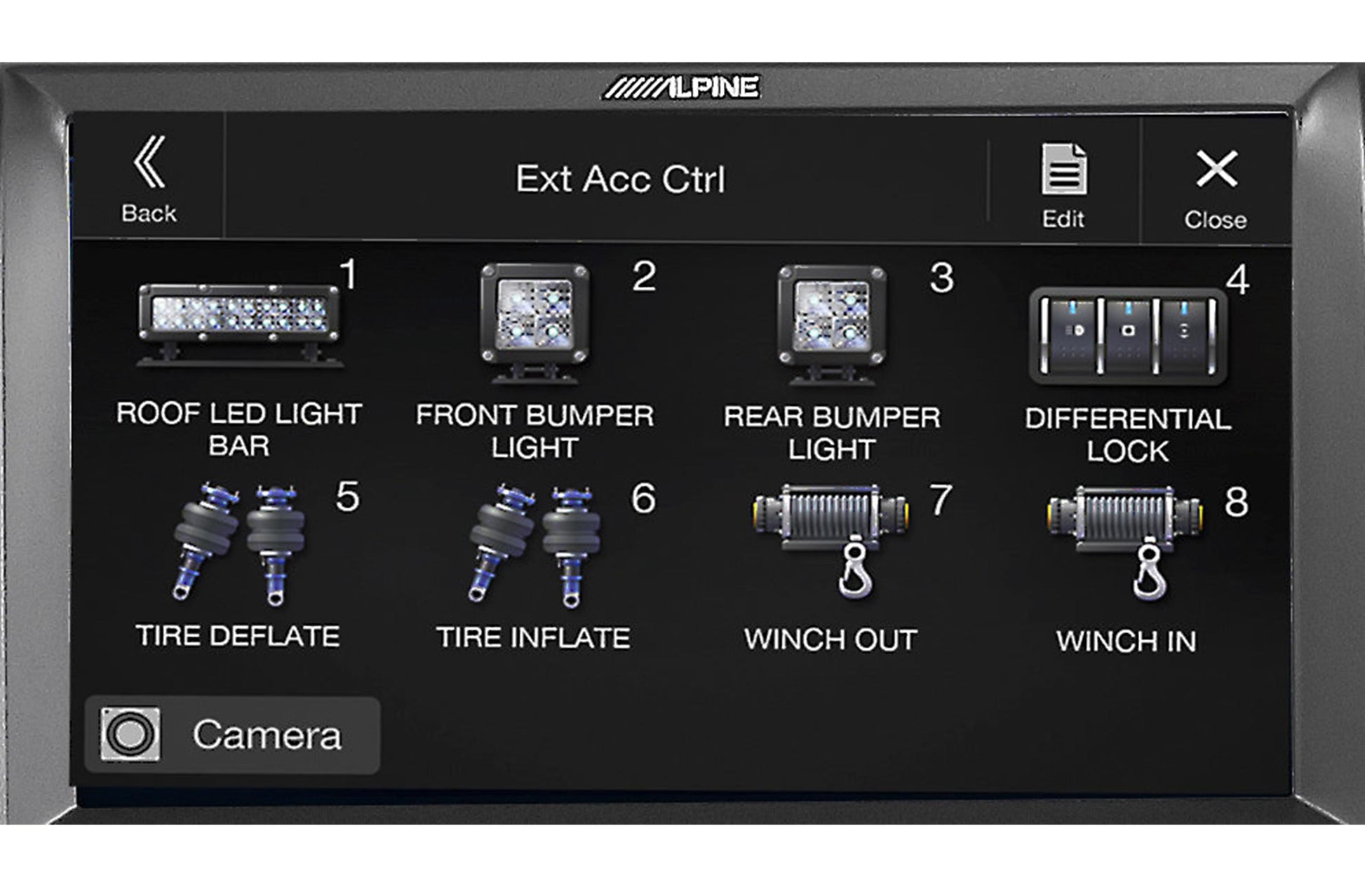 Alpine vehicle control panel with various light and lock controls