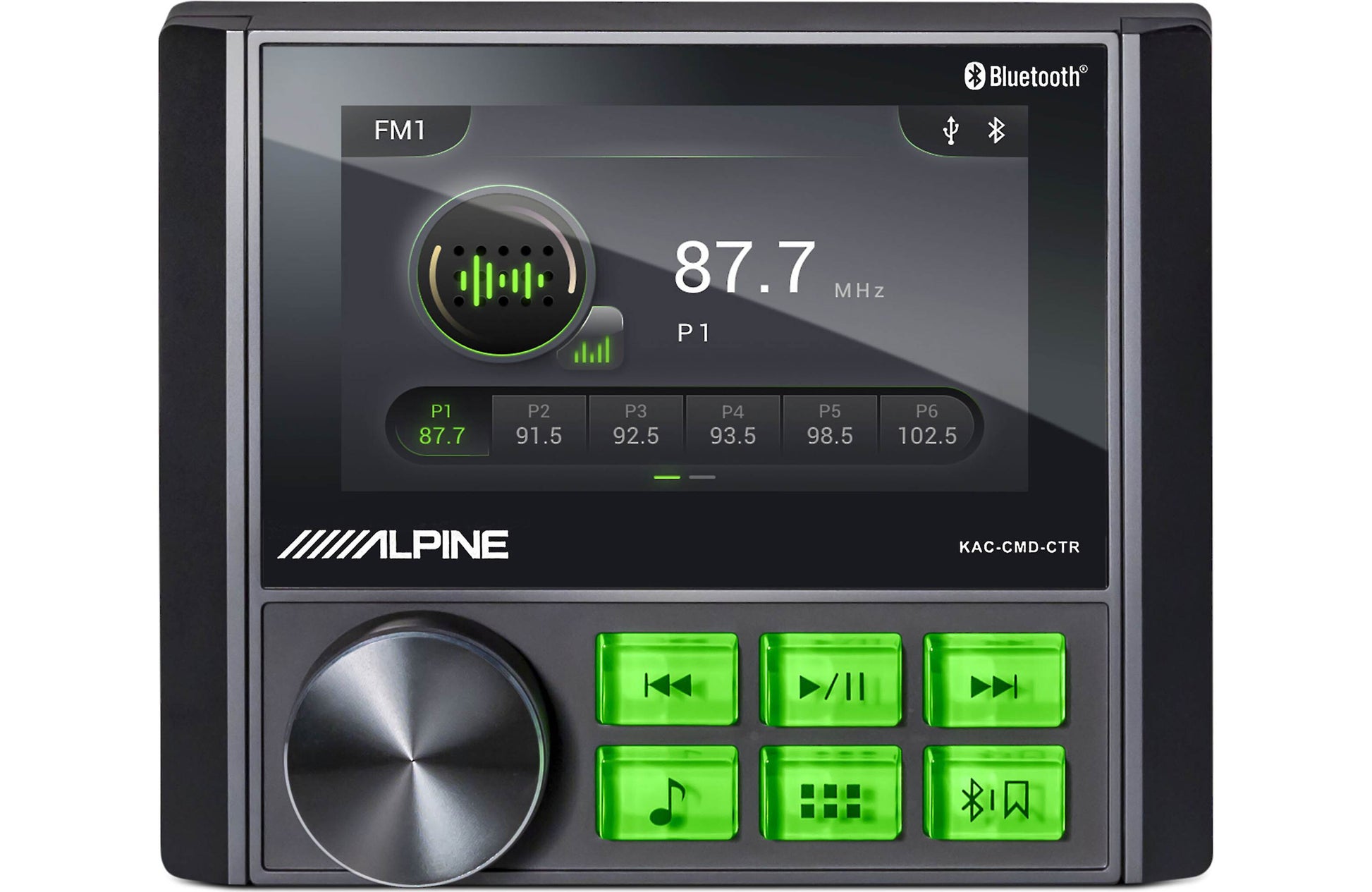Alpine car multimedia receiver with display and control buttons