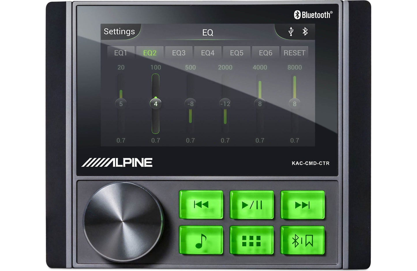 Alpine audio control unit with EQ settings and Bluetooth connectivity